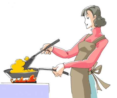 フライパンで炒め物をして何か作っている女性のイラスト