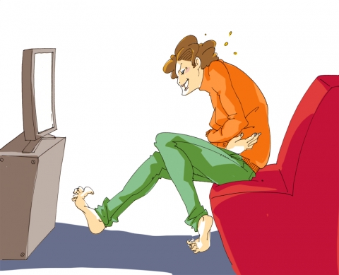 テレビを見てお腹をかかえて爆笑している女性のイラスト