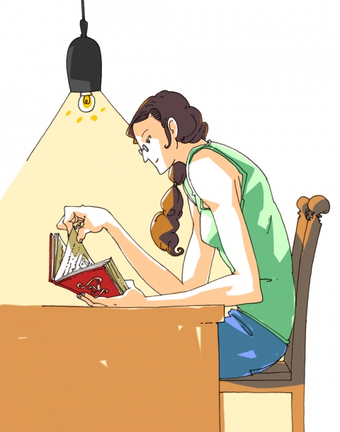 女性がライトの下で本を読んでいるイラスト