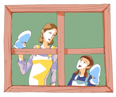 窓を拭いている女性達のイラスト
