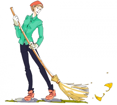 庭をほうきで掃いているスラっとした女性のイラスト