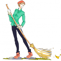 庭をほうきで掃いているスラっとした女性のイラスト