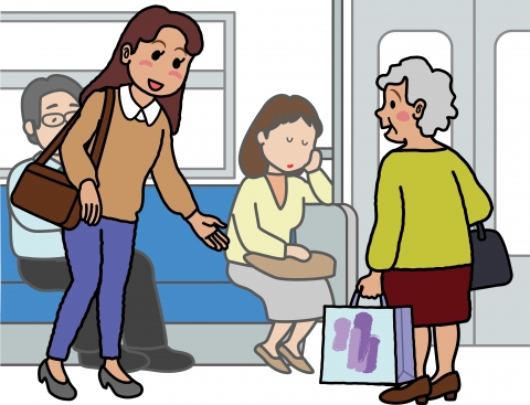 電車でお年寄りに席を譲っている優しい女性のイラスト 無料イラスト