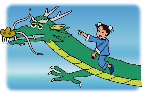 ドラゴンの上に乗って空を飛んでいる女の子のイラスト