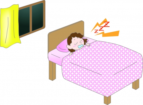 ベッドでいびきをかいて熟睡している女性のイラスト