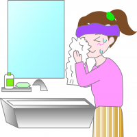 洗面台の前で洗顔後にタオルで顔を拭く女性のイラスト