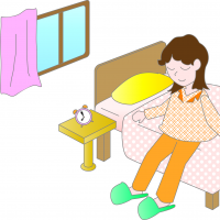 パジャマ姿でベッドに座っている女性のイラスト