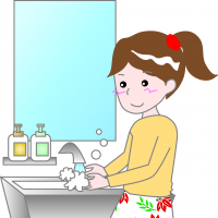 手を洗面台で洗っているときの女性のイラスト