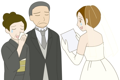 結婚式で両親への手紙を泣きながら読んでいる花嫁のイラスト