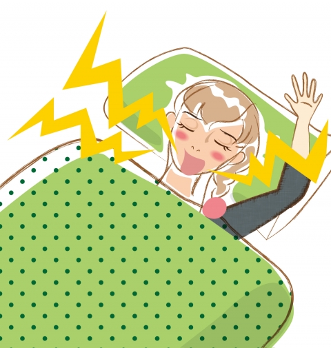片手を上げて大きないびきをかいて寝ている女性のイラスト