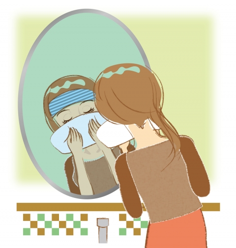 女性が鏡の前でヘアバンドをしてタオルで顔を拭く姿のイラスト