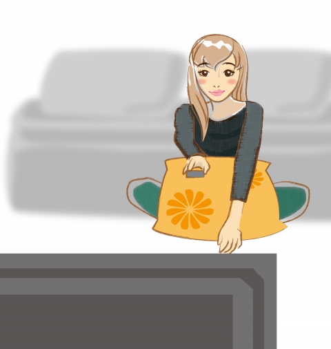 テレビをつけた時の床に座っている女性のイラスト