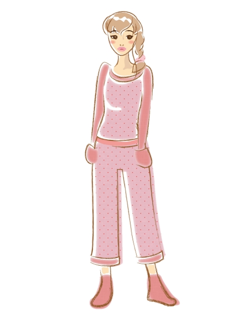 ピンクのパジャマ姿でポケットに手を入れている女性のイラスト
