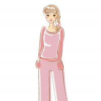 ピンクのパジャマ姿でポケットに手を入れている女性のイラスト
