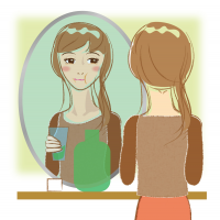 マウスウォッシュをして鏡をみているときの女性のイラスト