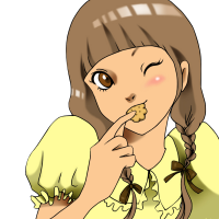 お菓子を食べてウィンクしている女性のイラスト