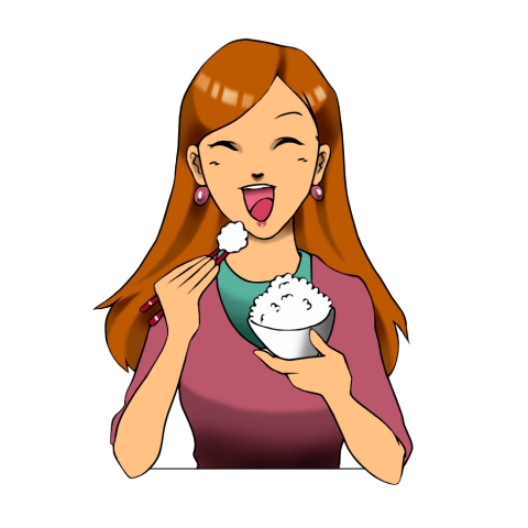 お米を笑顔で食べている女性のイラスト 無料イラストのimt 商用ok 加工ok
