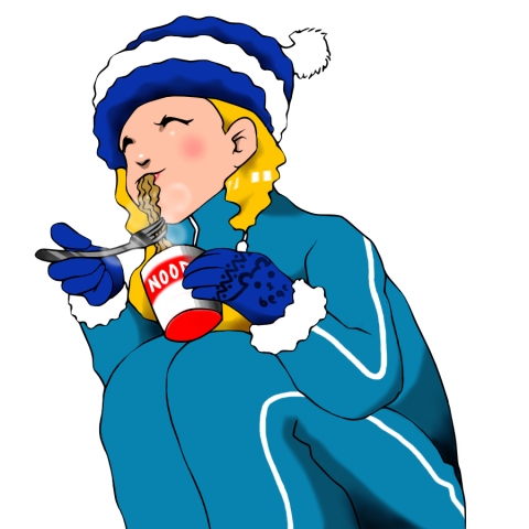 寒い中しゃがんでカップラーメンを食べるニット帽の女性のイラスト 無料イラストのimt 商用ok 加工ok