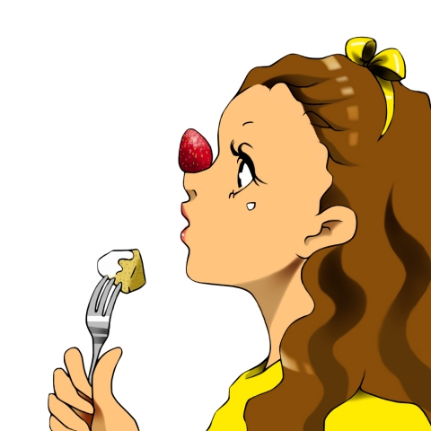 ケーキを食べて鼻にイチゴを乗せている女性のイラスト 無料イラストのimt 商用ok 加工ok