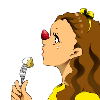 ケーキを食べて鼻にイチゴを乗せている女性のイラスト