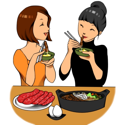 女性２人で楽しそうにすき焼きを食べている姿のイラスト 無料イラストのimt 商用ok 加工ok