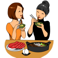 女性２人で楽しそうにすき焼きを食べている姿のイラスト