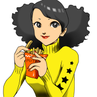 ポテトを食べている黒髪の女性のイラスト