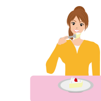 ケーキを笑顔で食べている女性のイラスト
