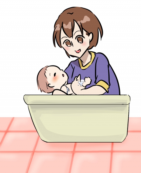 赤ちゃんをお風呂に入れている女性のイラスト