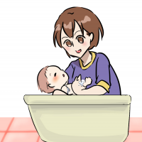 赤ちゃんをお風呂に入れている女性のイラスト