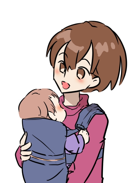 赤ちゃんを抱っこひもで抱っこしている女性のイラスト