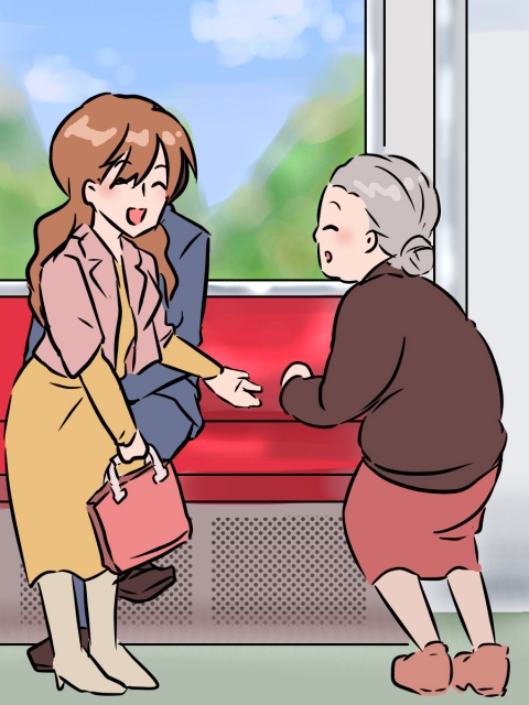 電車で笑顔でお年寄りに席を譲っている女性のイラスト