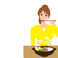 黄色い服を着た女性がすき焼きを食べているイメージイラスト