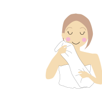 お風呂あがりに白いタオルで汗を拭いている女性のイラスト