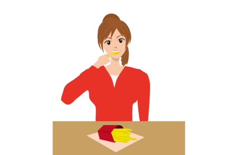 ポテトを笑顔で食べている女性のイラスト