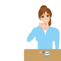 ヨーグルトを座って食べている女性の笑顔なイラスト