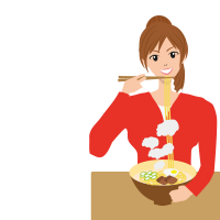 ラーメンを食べている赤い服を着た女性のイラスト