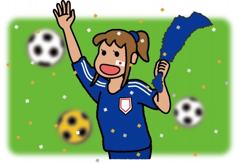 サッカーのユニフォームを来てサッカー観戦している女性のイラスト