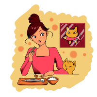 焼き魚を家で食べている女性のイラスト