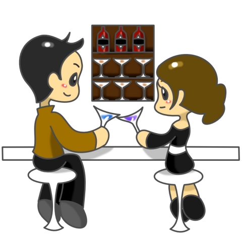 彼氏とバーで飲んで乾杯している女性のイラスト