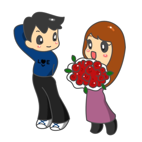 彼氏に花をプレゼントしてもらい喜んでいる女性のイラスト 無料イラストのimt 商用ok 加工ok