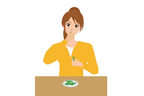 枝豆をおいしそうに食べている女性のイラスト
