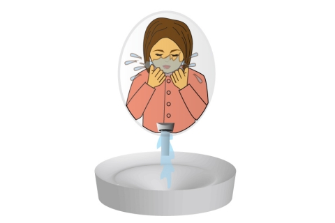 洗顔して水で流している女性のイラスト