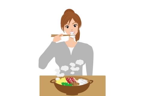 鍋を一人で食べている女性のイラスト