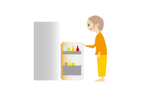 冷蔵庫を開けているオレンジの服を着た女性のイラスト