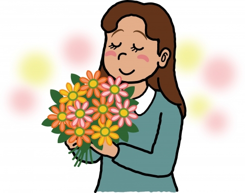 花のにおいをかいでいる女性のイラスト