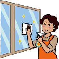 洗剤を使って窓をピカピカにしている女性のイラスト