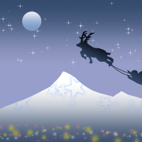 クリスマスにサンタ＆トナカイが夜空を飛ぶイラスト
