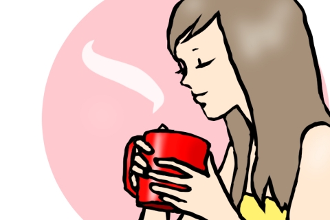 女性が部屋で１人、お茶（紅茶・コーヒー）を楽しむイラスト