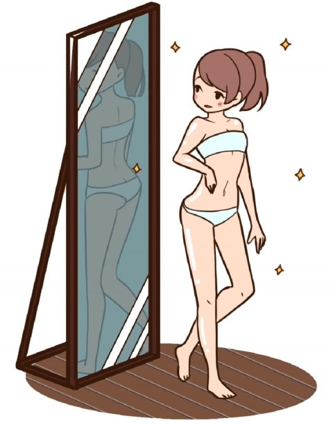 全身を鏡で眺める女性のイラスト